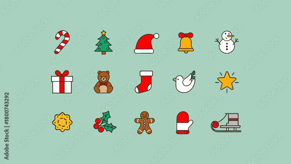 Naklejka premium Collection of christmas icons including a candy cane, tree, and snowman