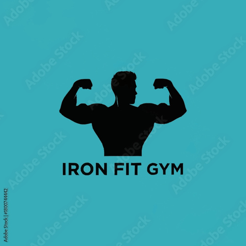 Iron Fit Gym Logo Silhouette of a Muscular Man Posing with Flexed Arms.