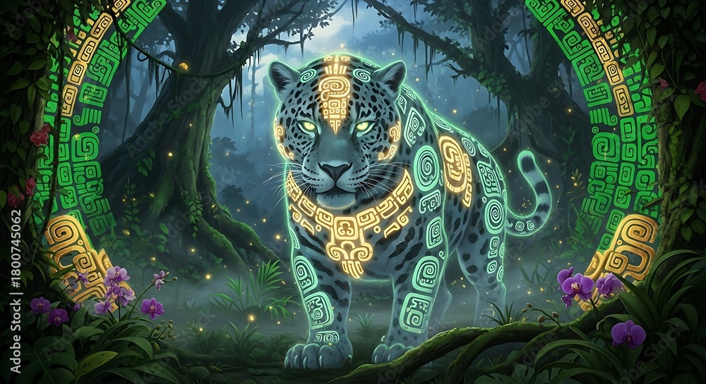 Fototapeta premium Mystical jaguar with glowing ancient tribal patterns emerges from a lush, dark jungle, surrounded by Mayan-inspired symbols, embodying ancient legends and spiritual power.
