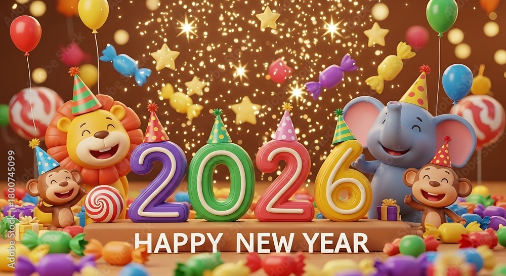 Fototapeta premium Happy new year 2026 celebration with cute cartoon animals, party decor.