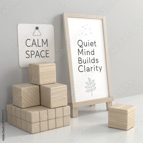 Wooden Blocks, Calm Space Sign, and Framed Picture