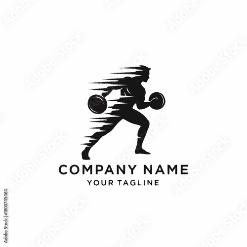 Dynamic silhouette of a muscular man lifting dumbbells with speed lines.