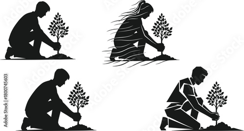 Silhouette people planting trees, nature care, environmental conservation, reforestation effort, green earth, eco action, save planet, climate awareness
