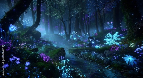 Ethereal fantasy forest at night, filled with glowing bioluminescent plants, purple flowers, and a misty stream, evoking a magical, mysterious, and tranquil natural world.