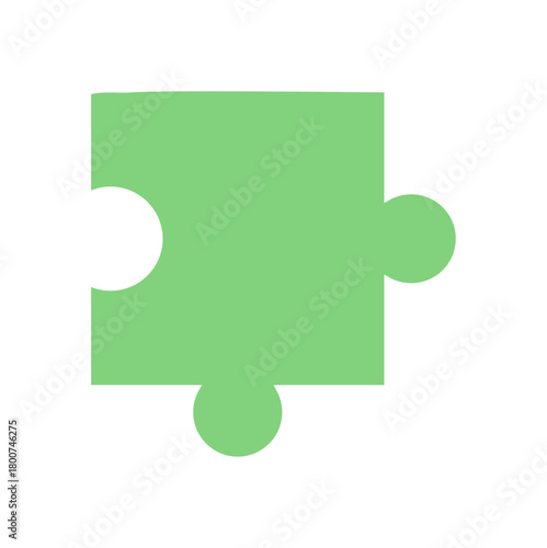 Green jigsaw puzzle piece silhouette. Flat toy tile for boardgame fun on table. Simple play tool for children and family. Leisure activity, playful concept, recreation and entertainment in minimal