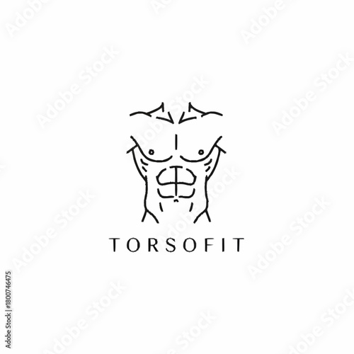 Minimalist line art logo of a muscular male torso for a fitness brand.