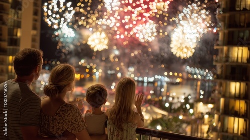 A family of four, consisting of a father, mother, and two children, standing on a balcony overlooking a city skyline at night, watching fireworks. 
