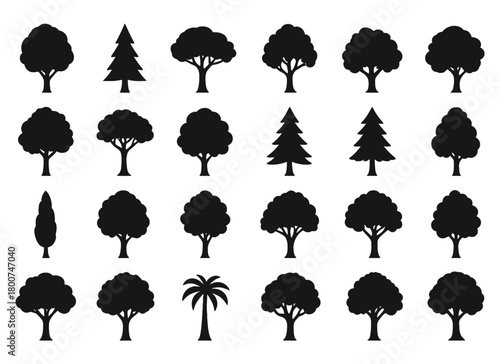 Collection of various tree silhouettes in black and white vector art