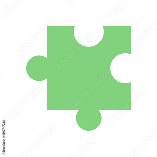 Flat green jigsaw puzzle tile silhouette. Bright game piece element for table activities. Perfect for boardgame play, hobby fun, and creative leisure concepts.