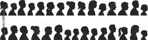 Silhouette of diverse human profiles, head shapes, facial features, hairstyle variation, demographic diversity, psychology concept, identity, individuality, people