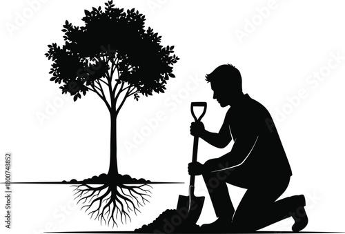 Silhouette man planting tree, environmental care, nature conservation, eco-friendly action, shovel work, growth symbol, black and white vector