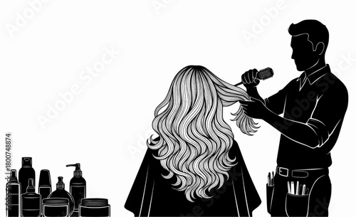 Silhouette of a male hairdresser doing a client's haircut with various hair products on the shelf on the left.