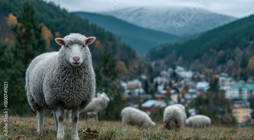 a town in the background, with sheep and cows grazing on a grassy field, and mountains in the distance