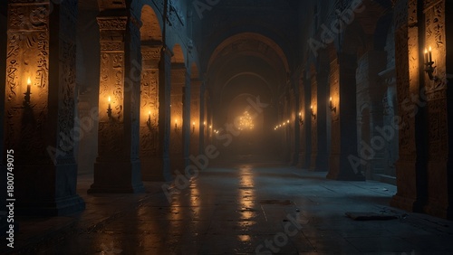 Babylonian palace corridor filled with f