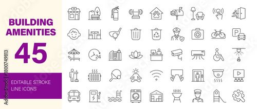 Building amenities icon set. Editable line icons. Vector illustration.
