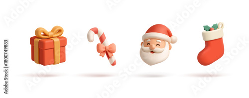 Santa Claus, red gift, sock, candy cane, 3D. Minimalistic set of icons for Christmas, celebrations, New Year concepts. On a white background. Vector illustration.