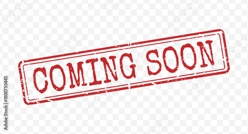 Grunge red double lined rectangular coming soon stamp with tilted orientation