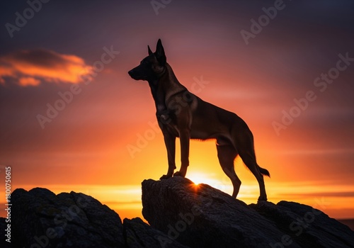 Dramatic silhouette of a belgian malinois dog standing on a rocky peak at sunset