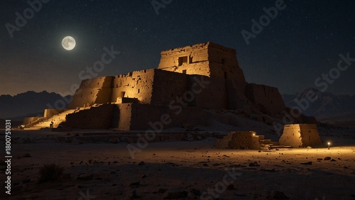 Babylonian ziggurat ruins lit by moonlig