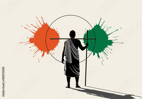 Man in ancient attire holding a cross-shaped object within a circle with paint splatters.