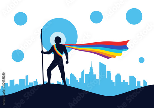 Silhouette of a hero with a rainbow cape standing proudly over a city skyline.