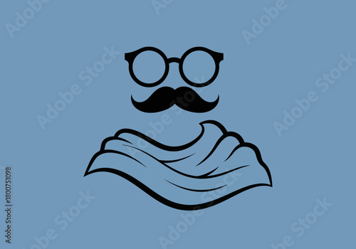 Minimalist vector icon of a man with glasses mustache and scarf.