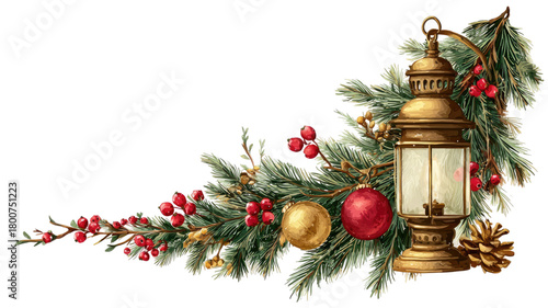 Vintage Christmas lantern with pine branches red berries golden ornaments and festive holiday decoration arrangement isolated on white background