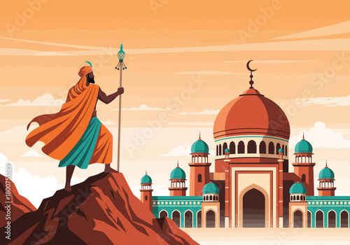 Islamic traveler in traditional clothing overlooking a grand mosque.