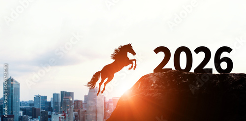 2026年へ崖を駆け上がる馬　2026年午年新年イメージ　ビジネス向け年賀状素材