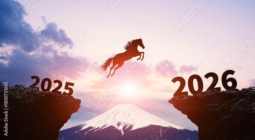 2026年へ谷を飛び越える馬　2026年午年新年イメージ　ビジネス向け年賀状素材