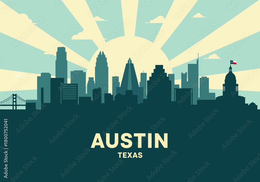 Naklejka premium Austin Texas city skyline silhouette illustration with sunburst background.