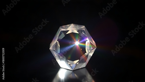 icosahedron. A crystal icosahedron refracting rainbow light on a dark background, clean composition. STEM education sheets.