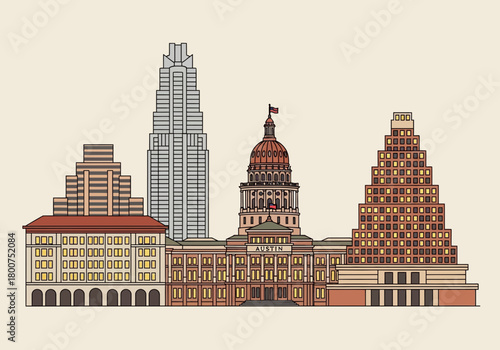 Austin Texas City Skyline Iconic Buildings Illustration.