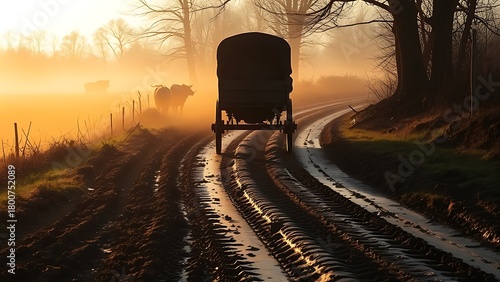 oxcart. Deep muddy ruts on a country path with an ancient oxcart moving through mist. mobility guides, transit brochures, designed for mobility and urban transit guides, used by professors.