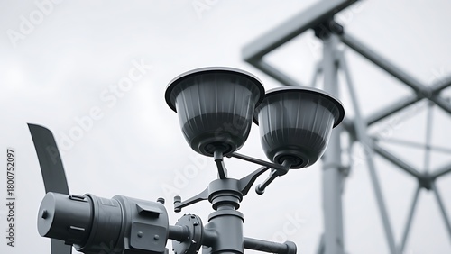 anemometer. A three-cup anemometer spinning at a weather station under gray clouds. STEM education sheets, lab safety posters, designed for STEM education and laboratory safety posters.