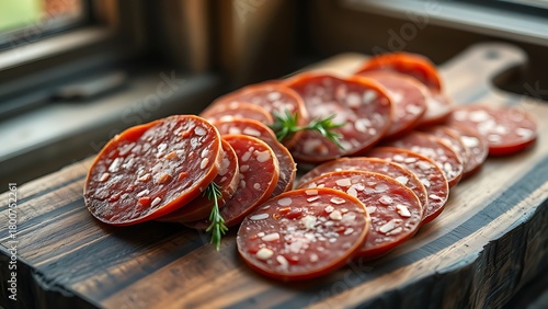 calabrese. Traditional Calabrese salami slices on a rustic wooden board with soft window light. menu design, packaging mockups, designed for food delivery and cloud-kitchen brand materials.