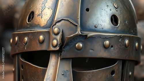 passphrase. Damaged Viking helmet with battle scars and dents, metallic texture. event programs, museum guides, designed for cultural heritage projects and event programs.