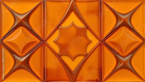 bakelite. Amber bakelite material with geometric patterns forming a retro design, abstract composition. product launch decks, UI/UX mockups, designed for product launches and innovation pitches.