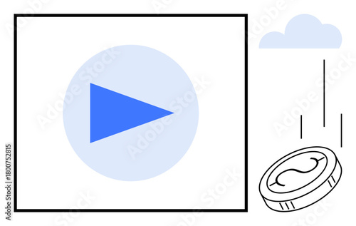 Blue play button in a rectangle, coin falling near a stylized cloud. Ideal for media, monetization, streaming, content creation, online payment, cloud storage technology. Simple flat metaphor