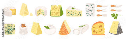 Cartoon style Cheese set illustration with grunge texture. Different types of cheese Brie, Camembert, Swiss cheese with holes Parmesan. Fun hand drawn vector colorful design for food or dairy projects