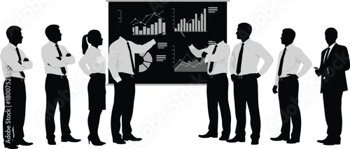 Silhouette business team presenting data charts, financial analysis, corporate strategy, teamwork meeting, growth planning, professional collaboration, business report
