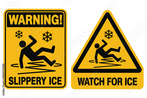 Two yellow warning signs, one rectangular and one triangular, depicting a figure falling on slippery ice and snowflakes above, indicating a hazard.