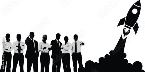 Silhouette business team watching rocket launch, startup growth concept, innovation strategy, leadership vision, teamwork success, black and white vector