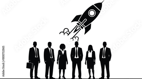 Silhouette business team with rocket launch, startup success, innovation boost, leadership unity, corporate ambition, teamwork celebration, professional growth concept