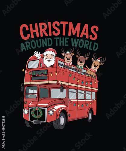 Santa and Reindeer on Red Double Decker Bus Christmas Illustration