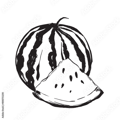 Entire melon with single triangular slice showcasing seeds and rind details