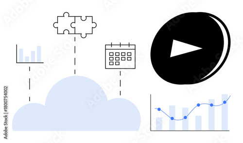 Cloud links charts, puzzle pieces, calendar, graph, and video player. Ideal for cloud storage, data analysis, media streaming workflow automation teamwork business planning digital tools. Simple