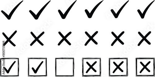 Collection of hand drawn check marks and crosses in various styles and boxes isolated on white background
