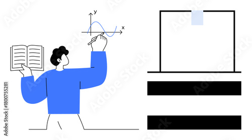 Man holding open notebook writing a graph on a whiteboard with axes and curves. Ideal for education, learning, research, mathematics, teaching, science communication, simple flat metaphor