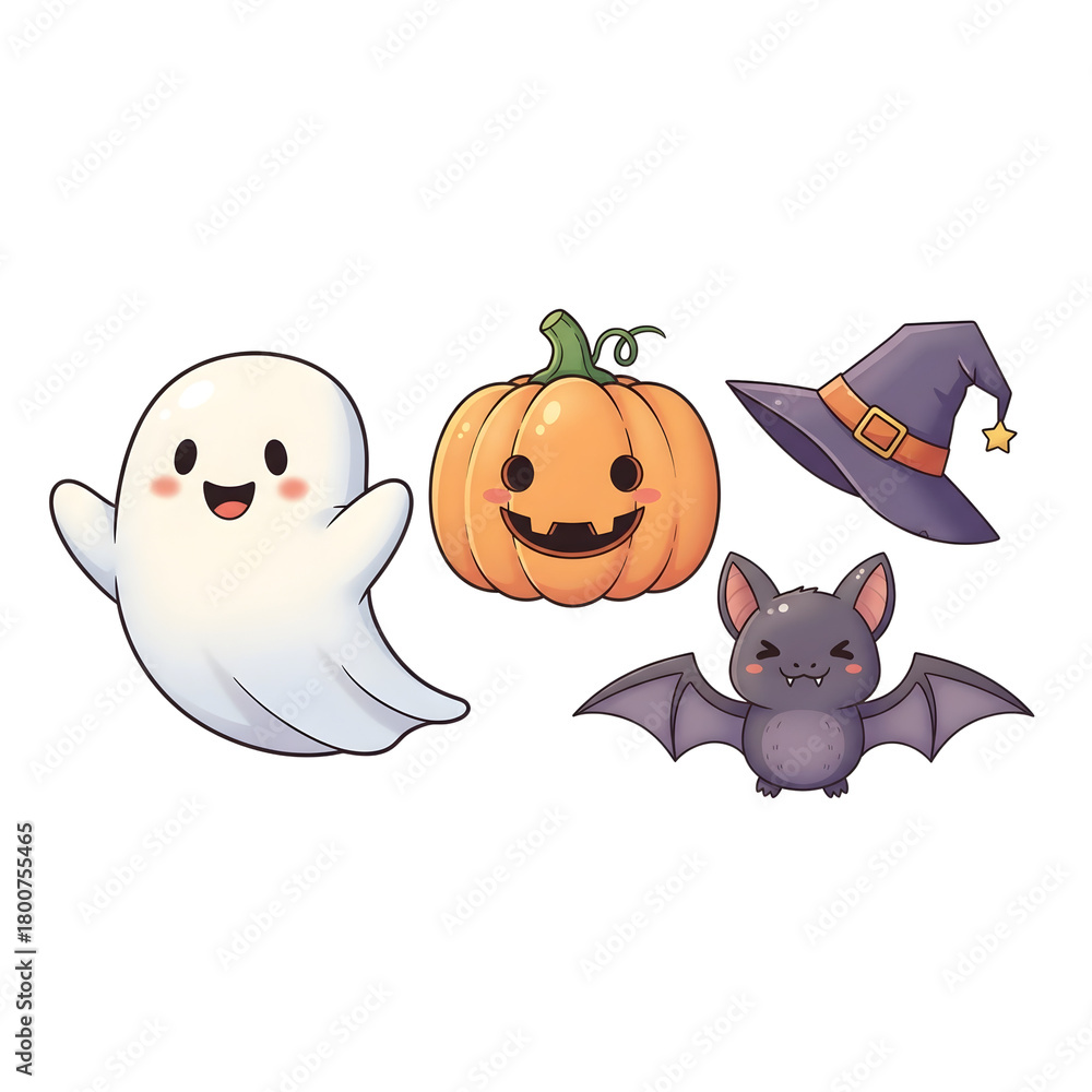 Fototapeta premium A cute Halloween character bundle featuring a smiling ghost, cheerful pumpkin, small bat, and witch hat. Ideal for stickers, children’s designs, and seasonal merchandise.